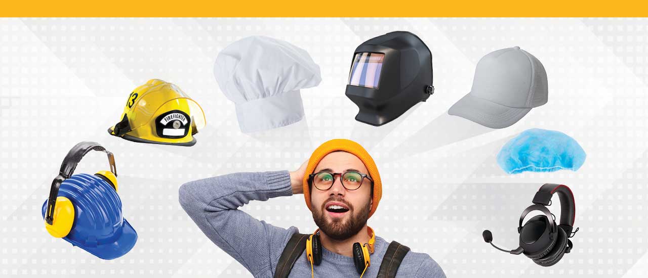 Person with different hats floating above them