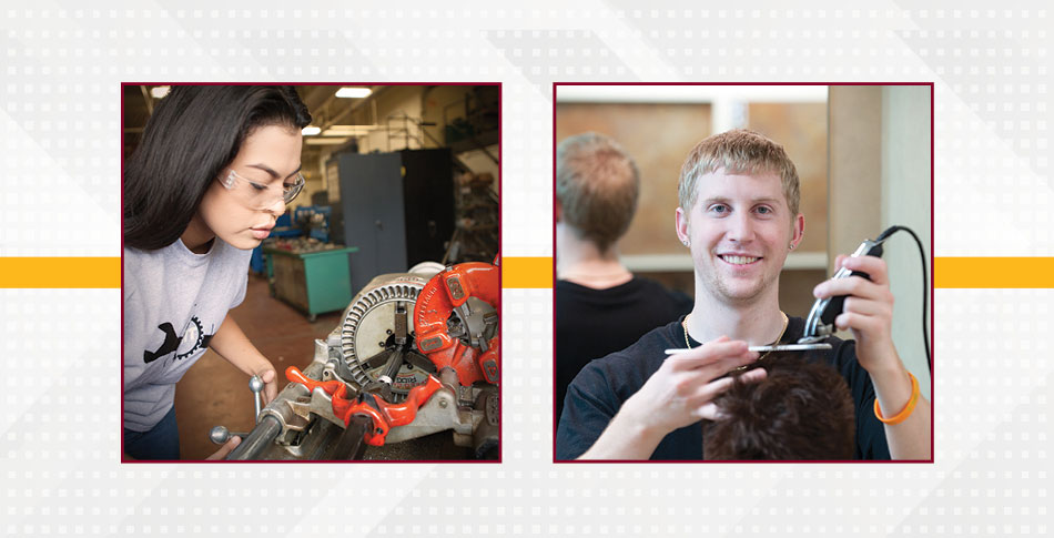 Female student mechanic and a male barber.