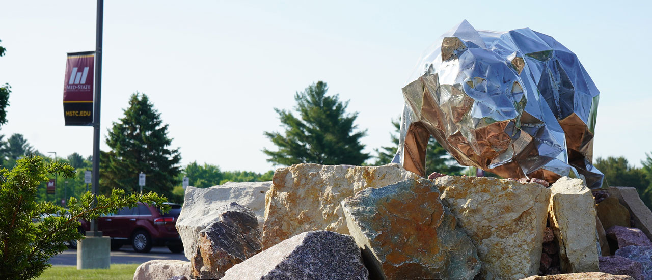 The welded cougar mascot on Mid-State's Wisconsin Rapids Campus.