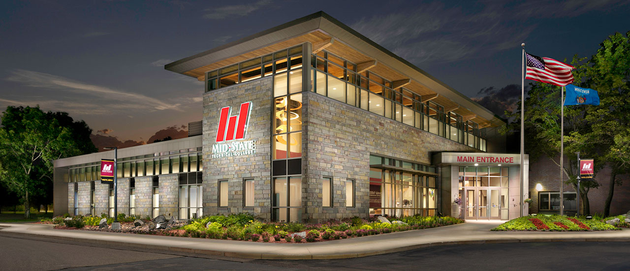 Wisconsin Rapids Campus Building from the outside at night.