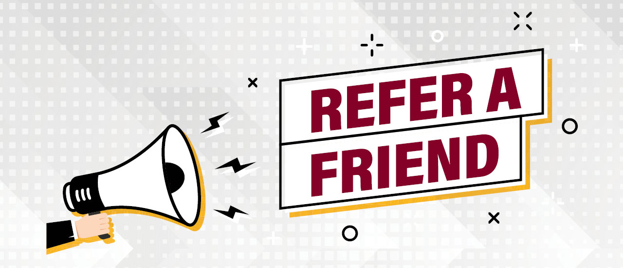 Megaphone with the words "refer a friend" coming out of it.