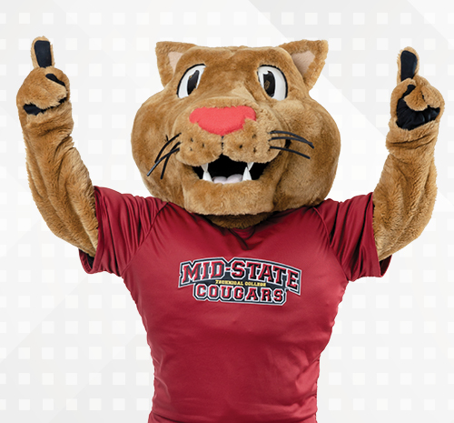 Mid-State Mascot Grit with pointer fingers raised in the air
