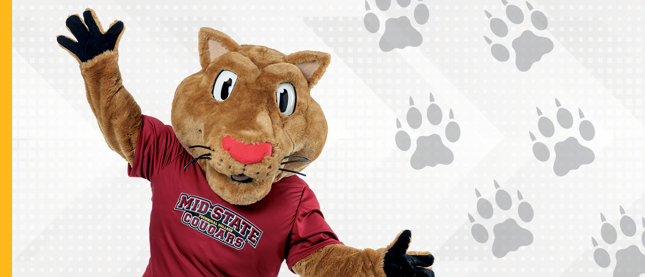 Mid-State Mascot Grit with Paws in the air. Cougar paw icons surround him