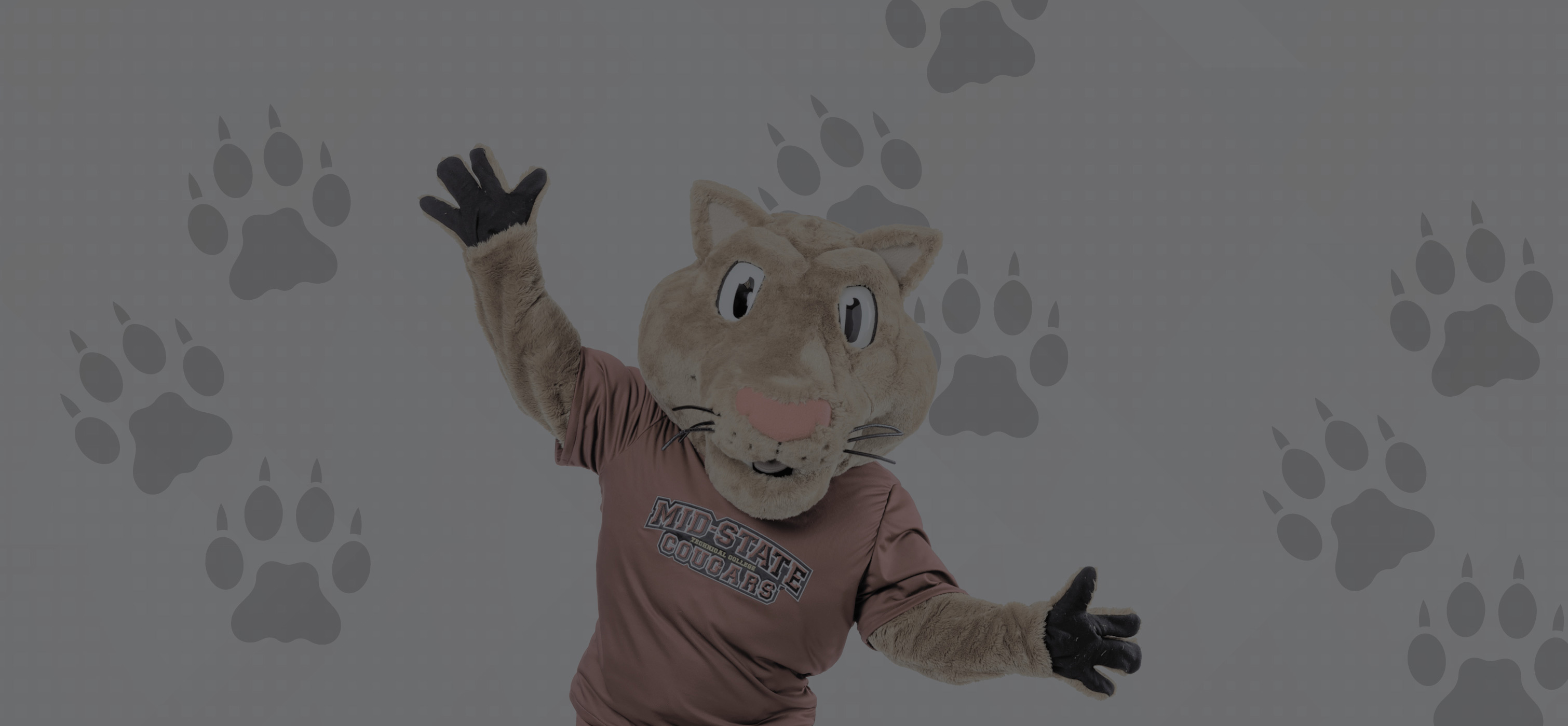 Mid-State Mascot Grit with hands in the air and paws around him in the background.
