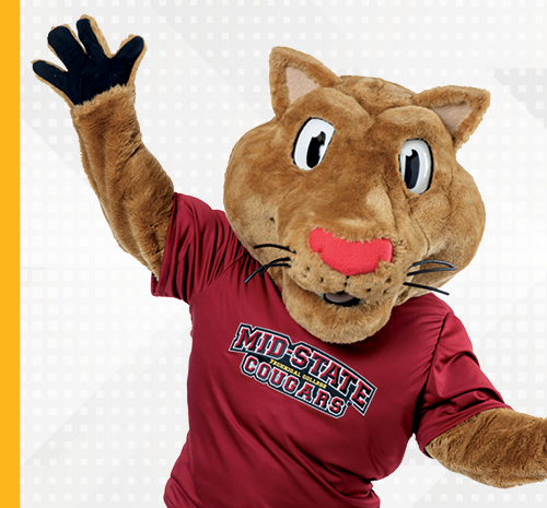 Mid-State mascot Grit with paws in the air. Cougar icons surround them.