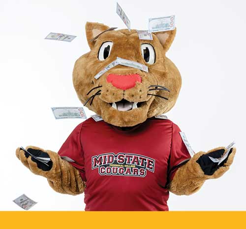 Mid-State Mascot Grit tossing money in the air