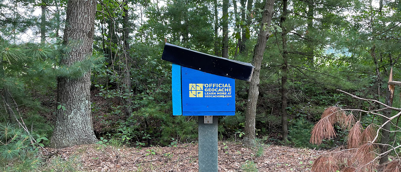 Blue box in the woods that says "official geocache" on it.