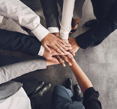 birds eye view of 7 peoples arms and hands coming together in a circle