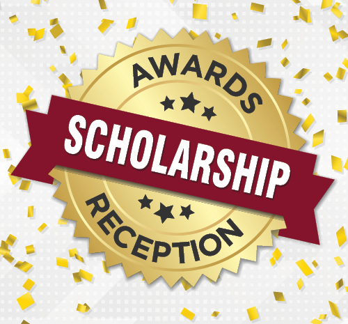 Ribbon that says Scholarship Awards Reception with stars on it and confetti around it