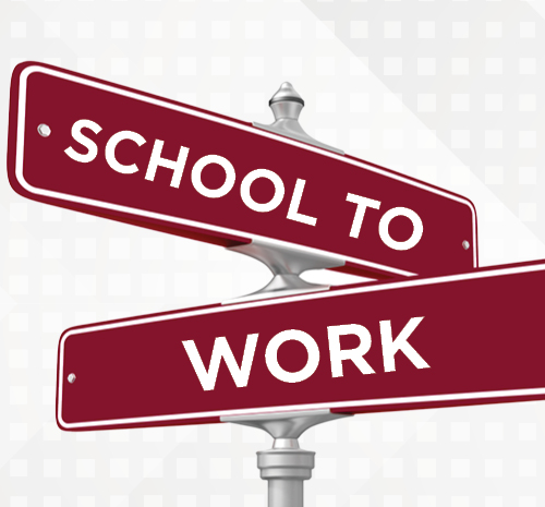 Road signs that say "School to" and "work"