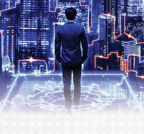 Person standing on digital platform overlooking a city lit up in neon lights