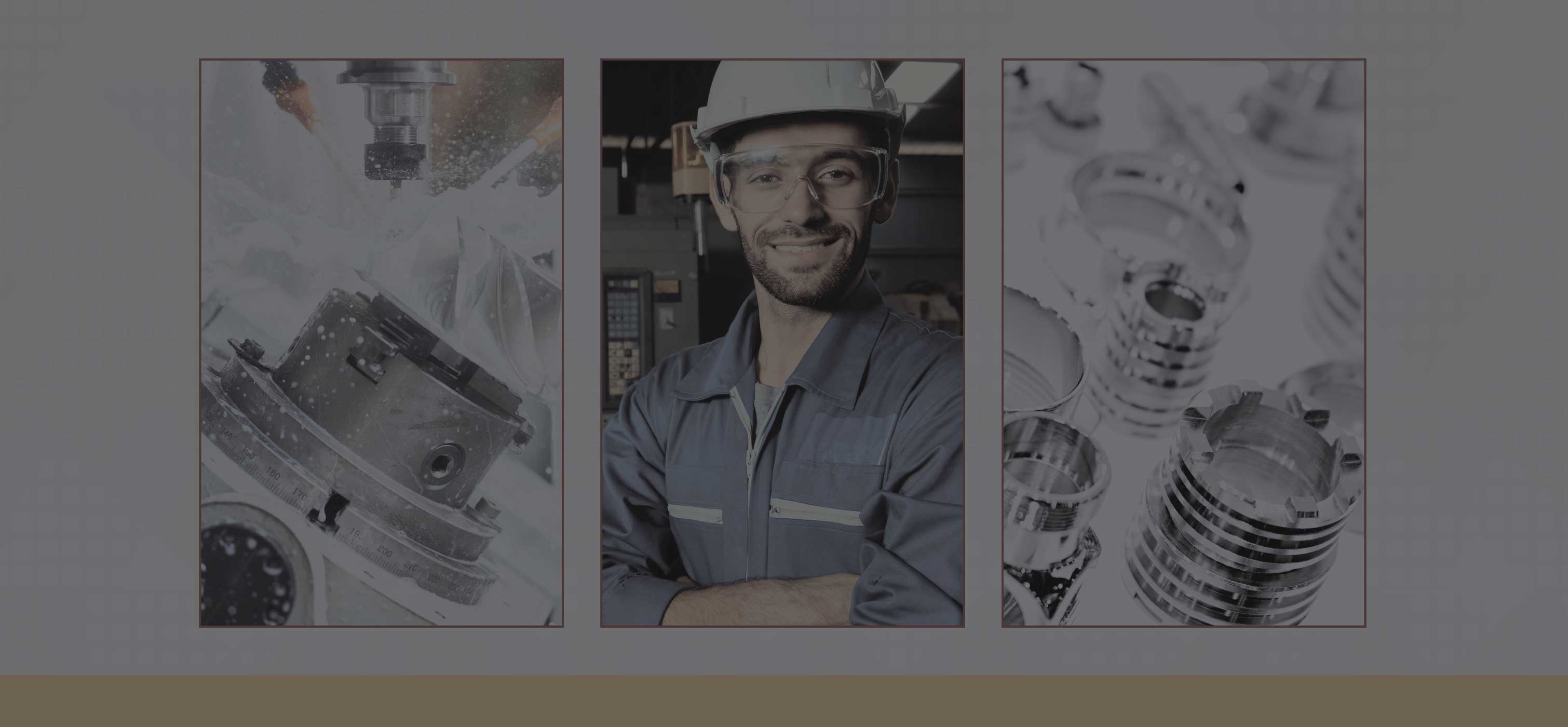 Machining tools displayed on the left and right of a person in uniform with a hard hat and safety glasses on with their arms crossed looking at the camera