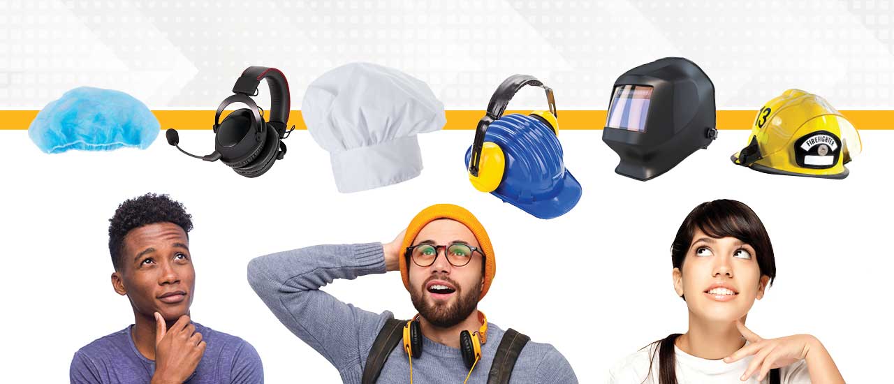 Three people looking up at career hats.