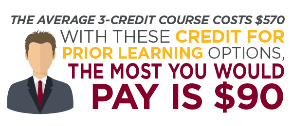 The average 3-credit course costs $570 with these credit for prior learning options, the most you would pay is $90