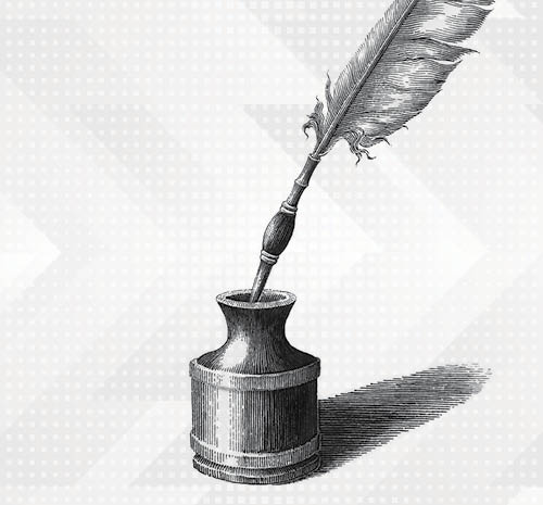Drawing of a feather quill pen sitting in an ink container
