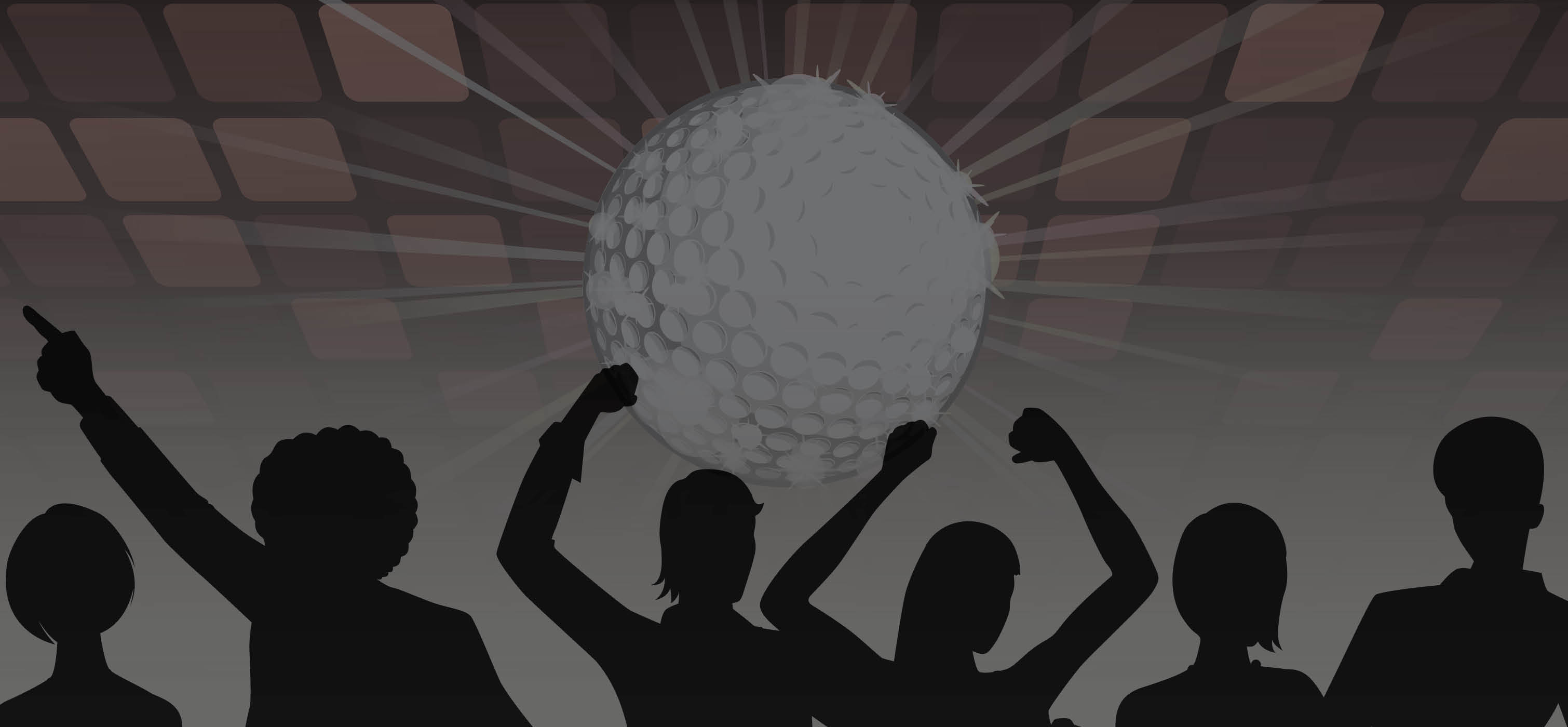 Golf ball that looks like a disco ball with silhouettes of people dancing around it