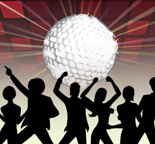 Golf ball that looks like a disco ball. Silhouettes of people dancing around it