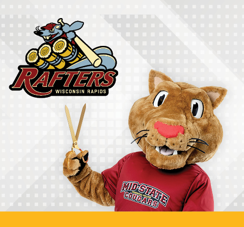 Wisconsin Rapids Rafters logo with Mid-State's Cougar mascot, Grit holding a pair of scissors.