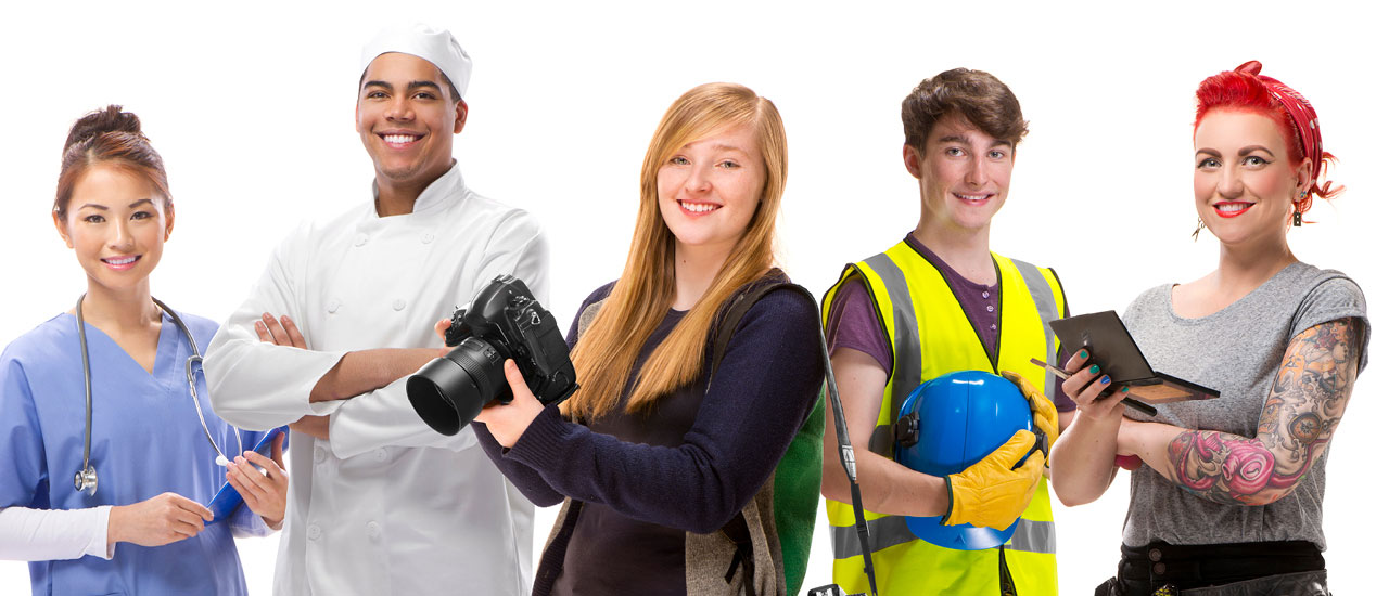 Group of people with different jobs standing arms folded in line on white background.