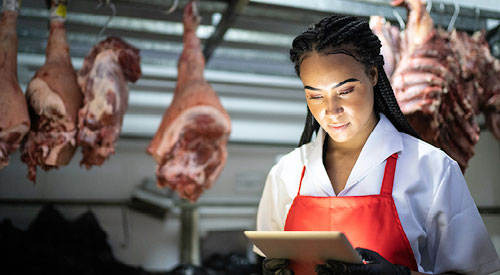 Person a walk-in cooler wearing an apron looking at a tablet with meat hanging behind them