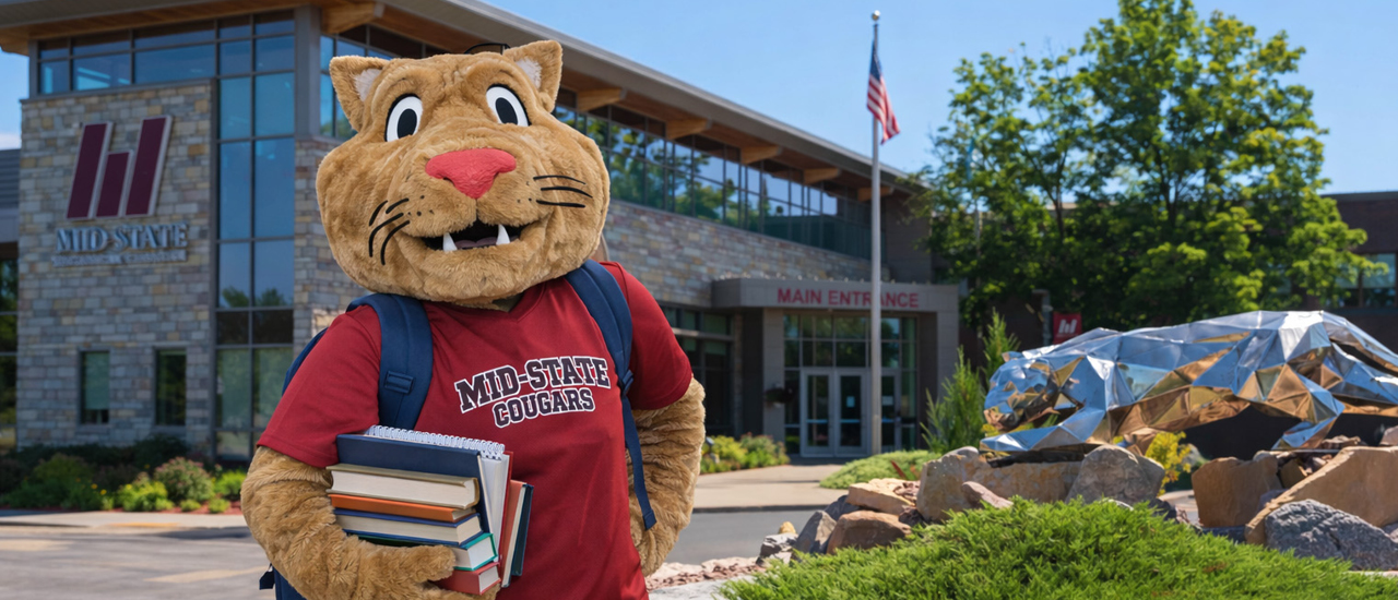 Grit (Mid-State's mascot is wearing a backpack and hanging on to a stack of books standing in front of the Wisconsin Rapids Campus building.ms in celebration.