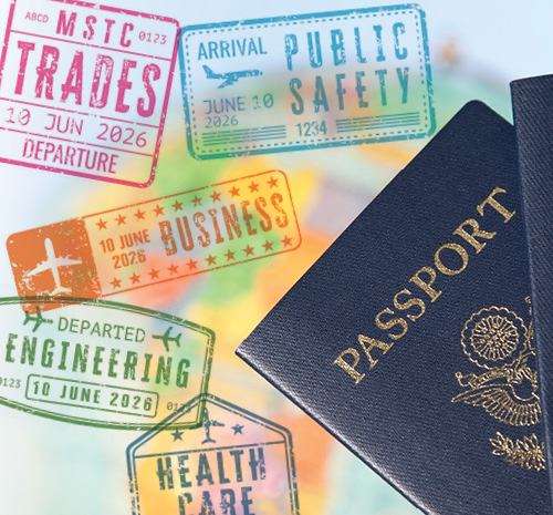 Passport with stamps around it "MSTC Trades", "Engineering", "Public Safety", "Business", "Healthcare"