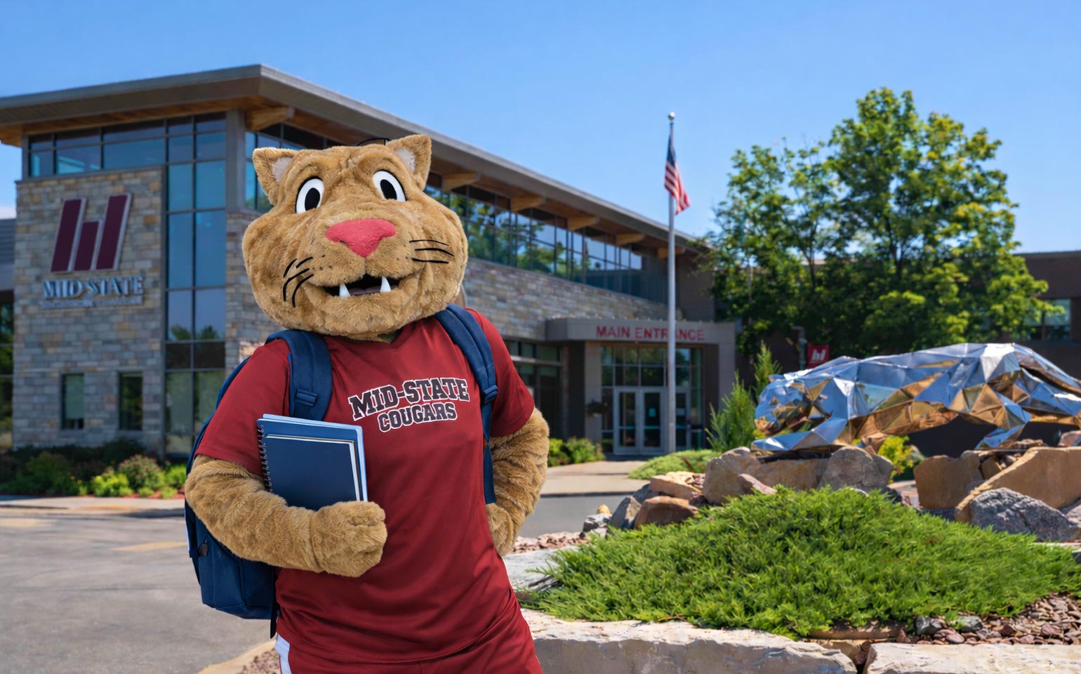 Mid-State’s mascot, Grit, stands in front of the main entrance of the College’s Wisconsin Rapids Campus.