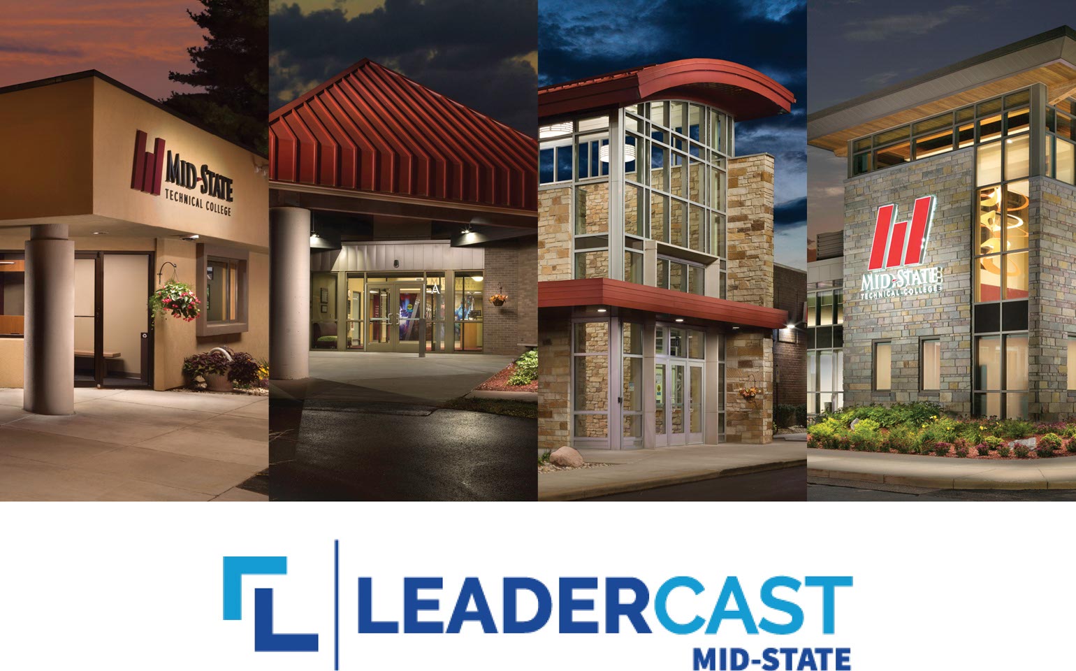 Leadercast logo with Mid-State's four campus locations hosting the conference on December 10. 