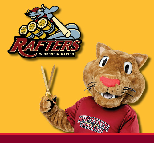 Rafters logo with Mid-State's mascot Grit holding scissors.
