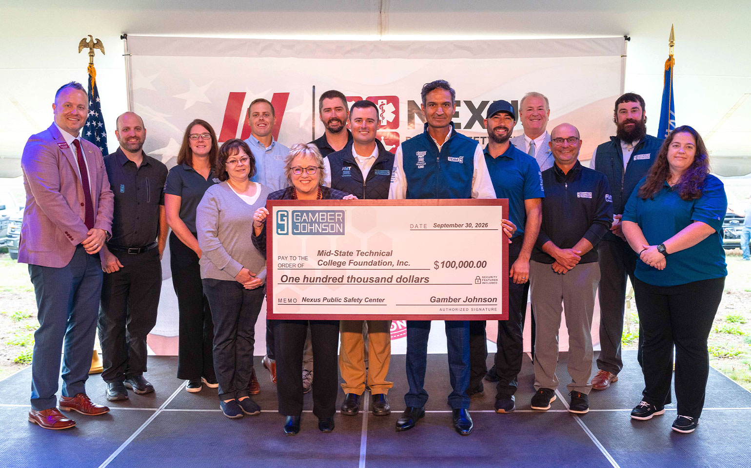 Gamber-Johnson check presentation supporting the Nexus Public Safety Center.
