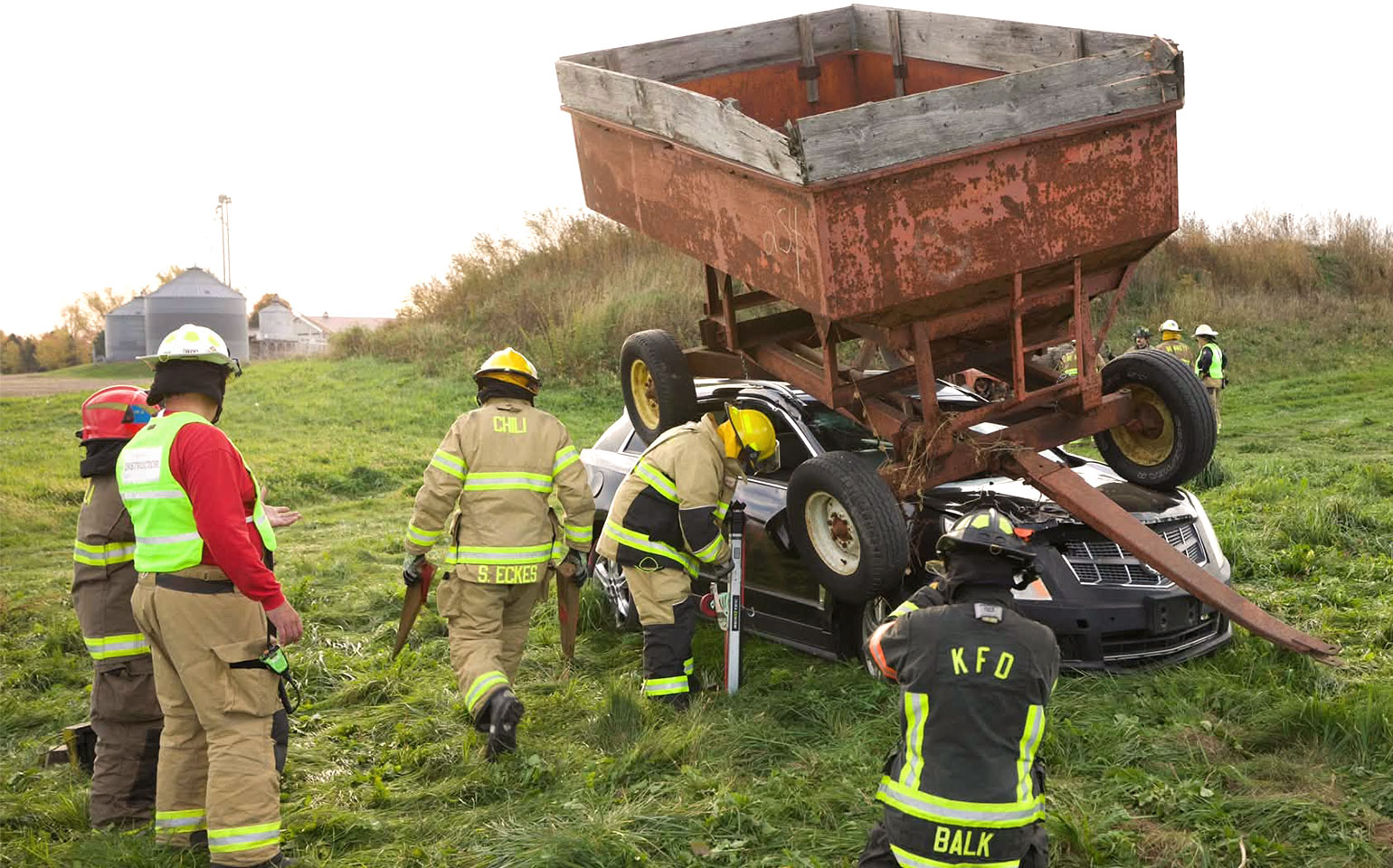 •	Participants practice equipment stabilization and extrication techniques during the Agricultural Rescue Training event.