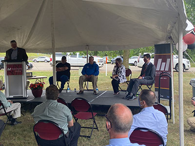 At the Sunrise Pointe Revitalization Project Launch, from left: Stevens Point Mayor Mike Wiza, Wayne Bushman of Sunrise Pointe Ventures Inc, Brian Wagner of Gamber-Johnson, Mid-State President Dr. Shelly Mondeik, and Kylan Hastreiter of Hastreiter Industries.