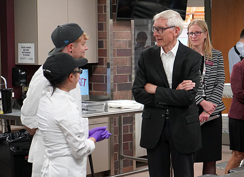 Gov. Tony Evers chats with Mid-State Culinary Arts students during his visit to Mid-State’s Wisconsin Rapids Campus on Aug. 31.