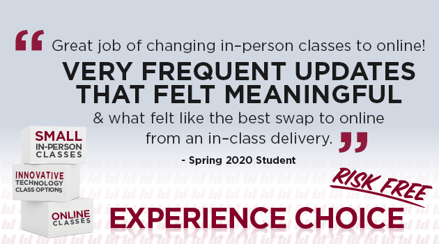 Great job of changing in-person clases to online! Very frequent updates that felt meaningful & what felt like the best swap to online from an in-class delivery. -Spring 2020 Student