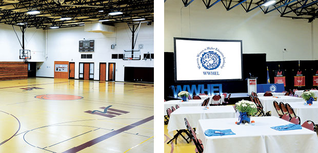 Gymnasium empty, and Gymnasium set up for WWHEL conference