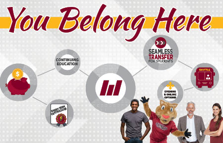 You Belong Here. Students and Mid-State Mascot Grit. Continuing Education, Short-Term Certificates, Seamless Transfer for students, shuttle service.