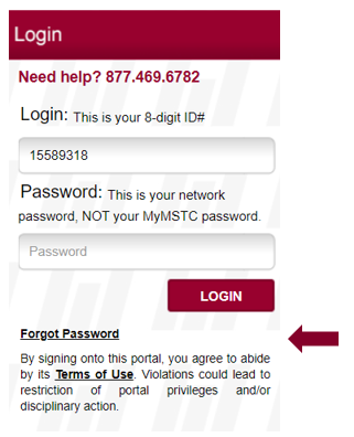 MyCampus Login Box with arrow pointing to the "Forgot Password" link