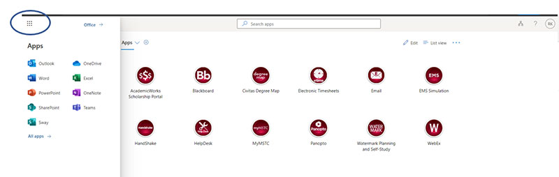 My Campus showing the waffle menu expanded in the top right corner to show Microsoft Office Applications that are available.