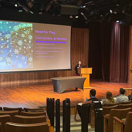 Tia Bertz, Mid-State Technical College Entrepreneur student, presents her pitch at the NEW Ideas Pitch Challenge at Nicolet College on May 1, 2025.
