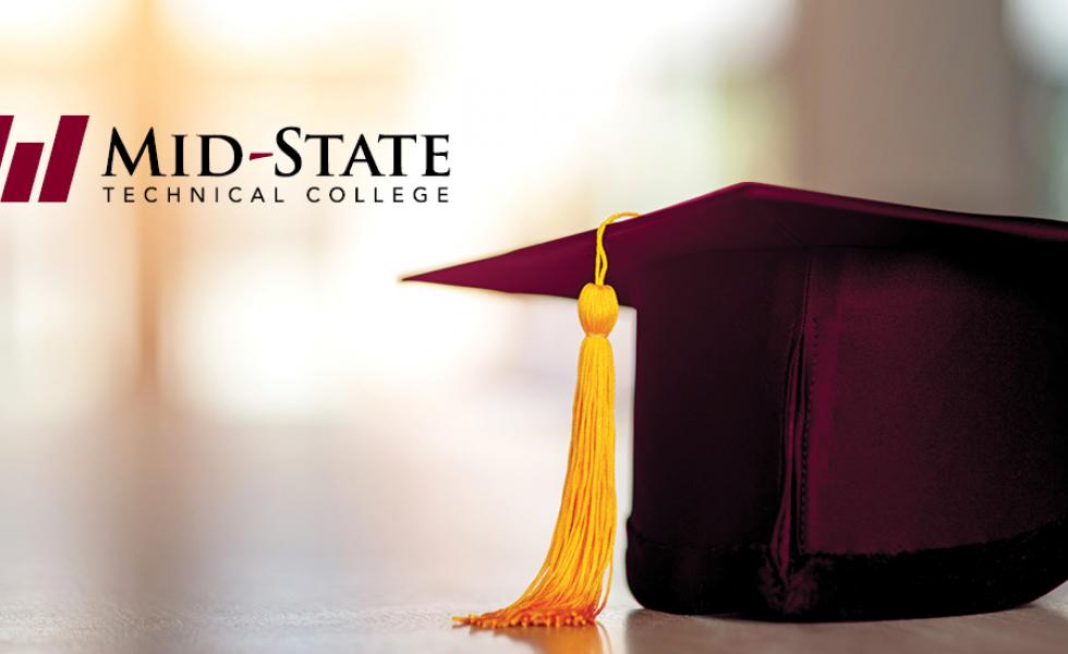 Burgundy graduation cap and gold tassel with the Mid-State Technical College logo.