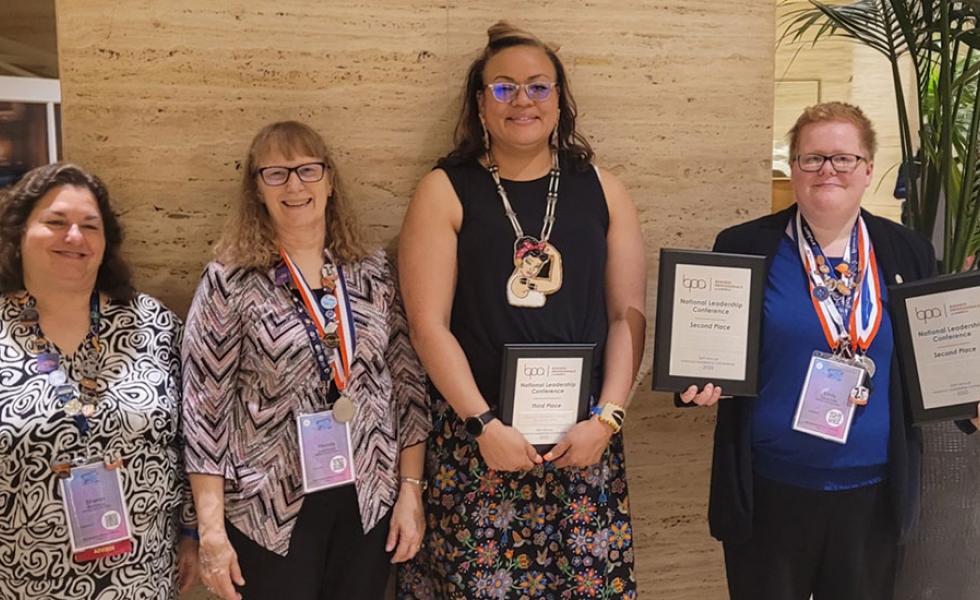 From left, Mid-State Technical College Business Technology Instructor and BPA club advisor Sharon Behrens, with her award-winning students at the 2022 Business Professionals of America National Leadership Conference in Dallas Texas, May 7: Rhonda Martinson, Tara Chapman and Emily Tauschek.