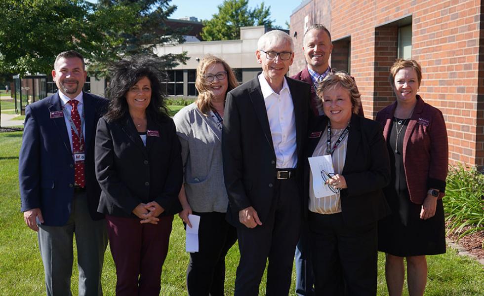 Gov. Tony Evers with Mid-State Technical College staff during his visit to college’s Wisconsin Rapids Campus on Aug. 31. From Left: Director of Workforce & Professional Development Craig Bernstein, Vice President of Workforce Development & Community Relations Dr. Bobbi Damrow, Vice President of Student Services & Enrollment Management Dr. Mandy Lang, Evers, Executive Dean of Academic & Professional Excellence and Wisconsin Rapids Campus Dean Dr. Chris Severson, President Dr. Shelly Mondeik and Vice Presi