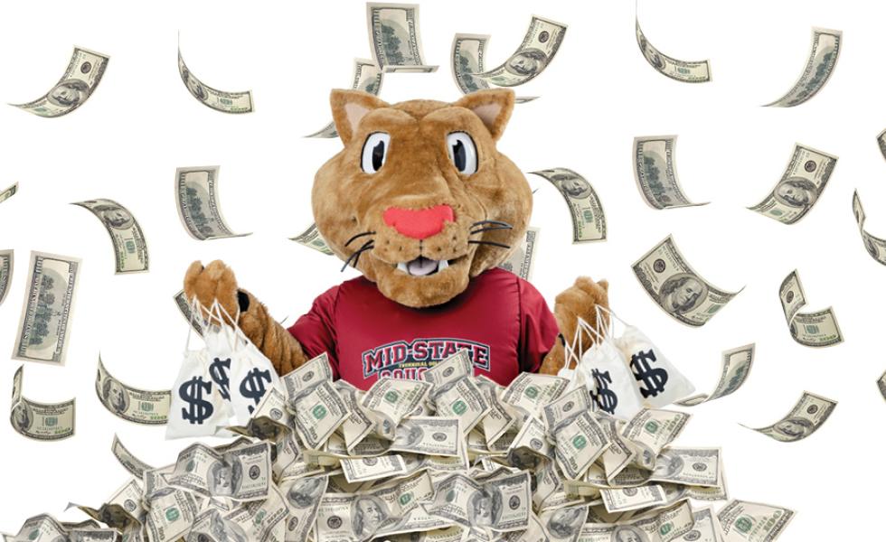 Mid-State's mascot, Grit, throws money in the air.