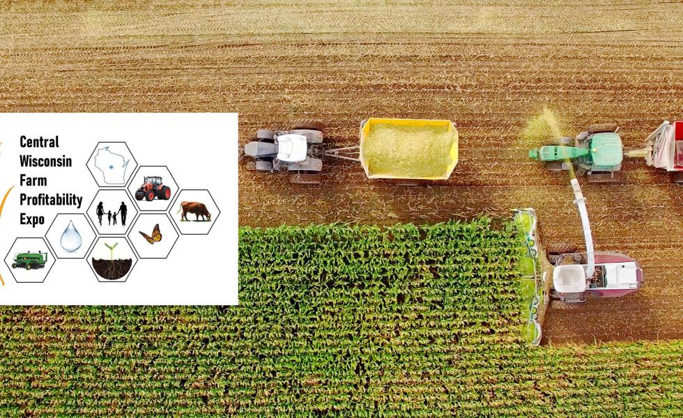 Central Wisconsin Farm Profitability expo logo with an overhead view of farm equipment harvesting crops.
