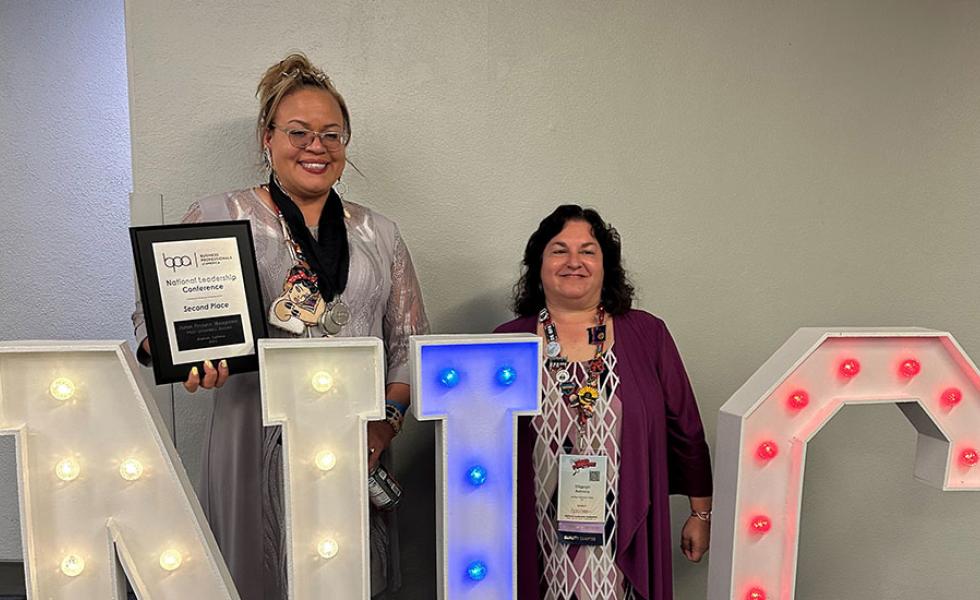 Tara Chapman, who placed in three Business Professionals of America National Leadership Conference events (left), and Sharon Behrens, Mid-State Technical College Business Technology instructor and BPA club advisor (right), at the BPA National Leadership Conference in Anaheim, Calif., April 29.