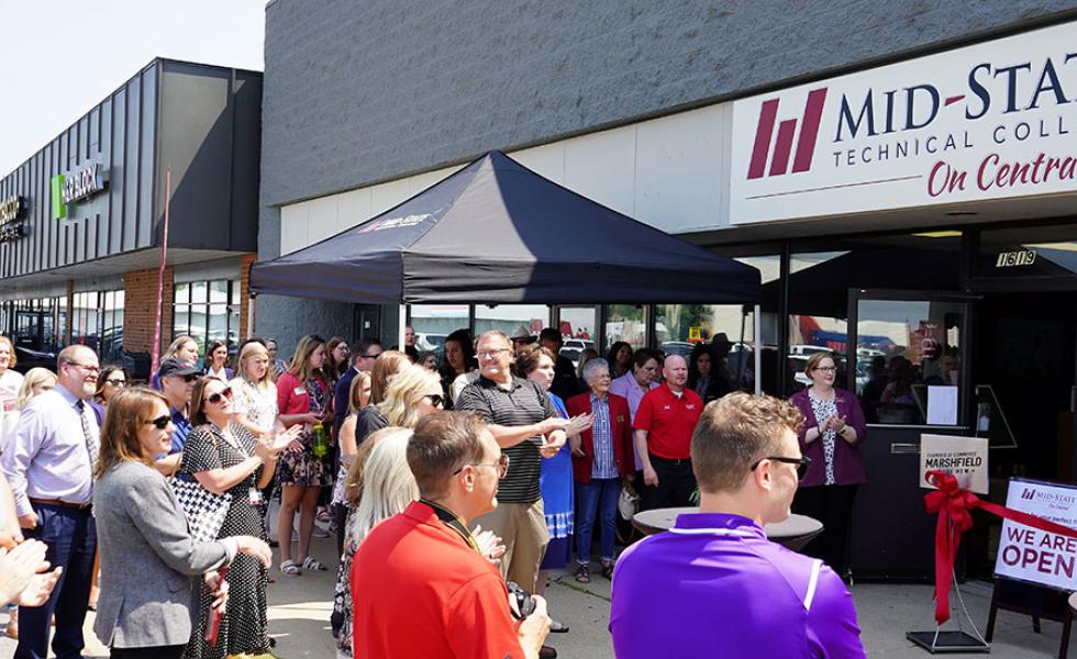 Community members and business partners gather at Mid-State Technical College’s Mid-State on Central location to celebrate the ribbon cutting on Wednesday, June 21.