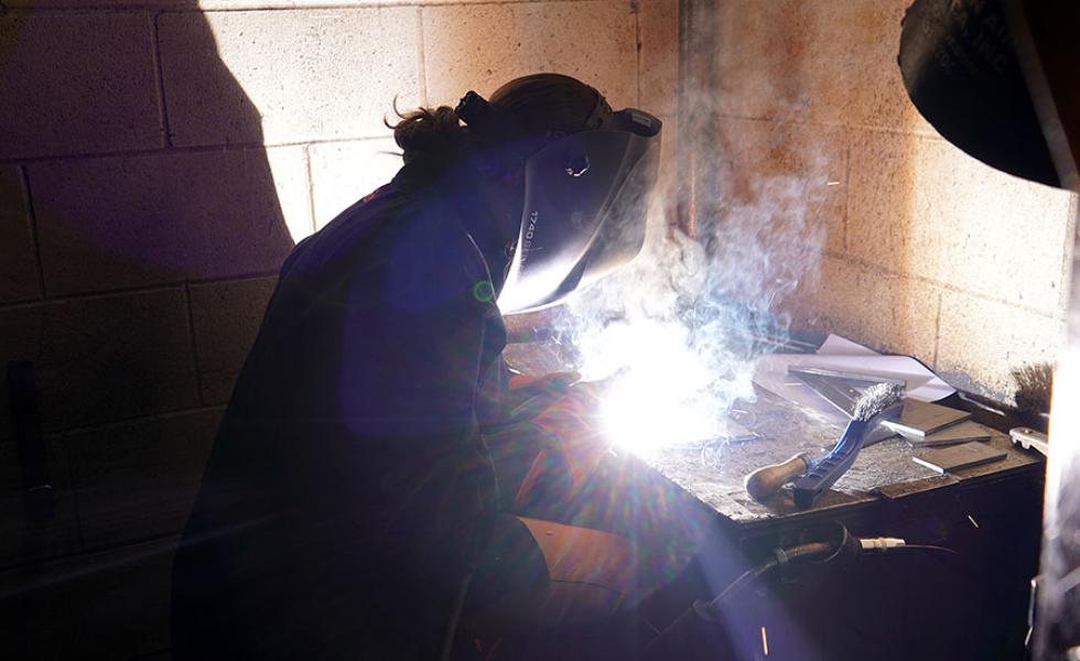 A local high school student participates in the Welding event at the 2023 Regional SkillsUSA® Competition on Mid-State Technical College’s Wisconsin Rapids Campus.