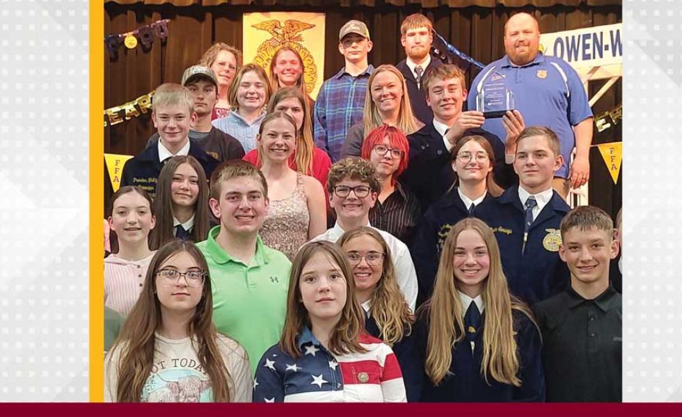 Owen-Withee High School FFA members receive Mid-State Technical College’s Regional FFA Career Development Events (CDE) Chapter of Excellence Award at their annual FFA banquet on April 30, 2025. Also pictured are Travis Engel, Owen-Withee FFA chapter advisor; Teri Raatz, Mid-State Agribusiness instructor and faculty team lead; and Dr. Alex Lendved, Mid-State dean of the Marshfield Campus and School of Applied Technology.