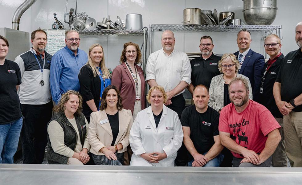 Participants in Secretary Romanski’s tour of Mid-State’s meat training lab at Auburndale High School, May 7, 2025. Back row, from left: Aubrey Barbeau, Mid-State Meat Cutting & Butchery program graduate; Steven VanWhye, Auburndale High School principal; Jeff Swenson, Department of Agriculture, Trade and Consumer Protection (DATCP) livestock and meat specialist; Dr. Alex Lendved, Mid-State dean of Applied Technology; Dr. Mandy Lang, Mid-State vice president of Student Services; Randy Romanski, DATCP secre