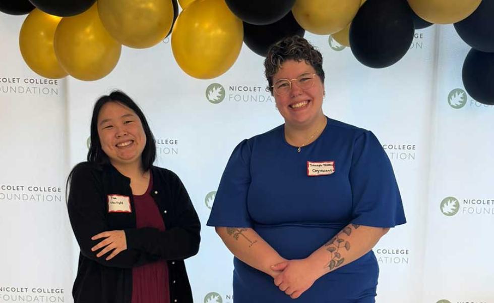 Mid-State Technical College students Tia Bertz (left) and Sawyer Nelsen (right) at the NEW Ideas Pitch Challenge at Nicolet College on May 1, 2025.